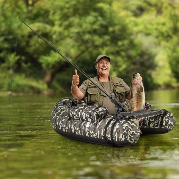 Bateau de Pêche Gonflable avec Dossier&Pagaie&Règle à Poisson Support de Canne Poches de Rangement Palmes Pompe Charge 150 KG Camouflage
