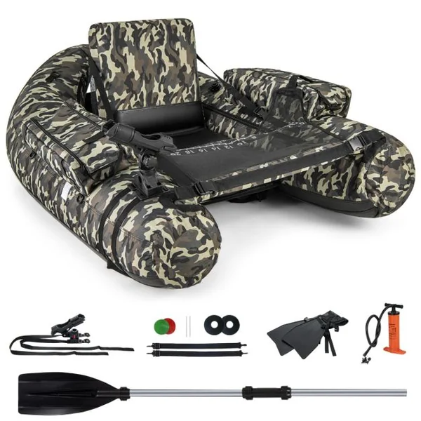Bateau de Pêche Gonflable avec Dossier&Pagaie&Règle à Poisson Support de Canne Poches de Rangement Palmes Pompe Charge 150 KG Camouflage