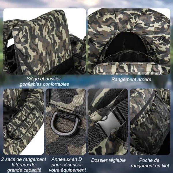 Bateau de Pêche Gonflable avec Dossier&Pagaie&Règle à Poisson Support de Canne Poches de Rangement Palmes Pompe Charge 150 KG Camouflage