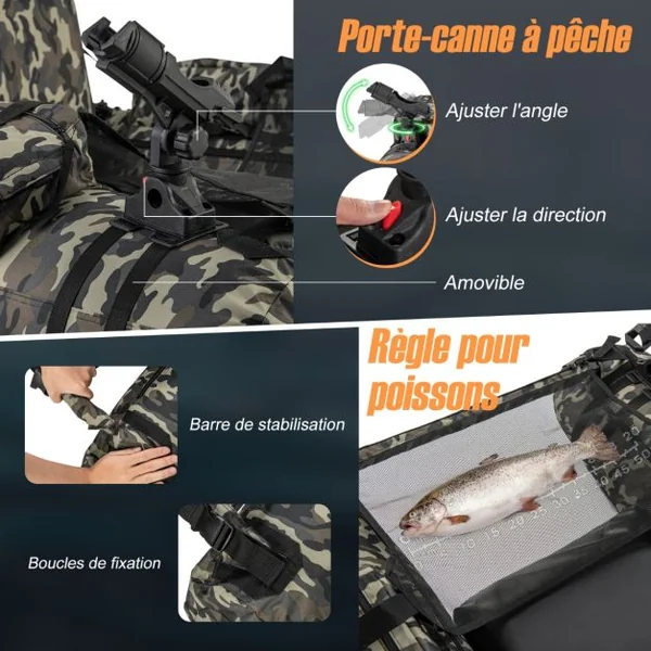 Bateau de Pêche Gonflable avec Dossier&Pagaie&Règle à Poisson Support de Canne Poches de Rangement Palmes Pompe Charge 150 KG Camouflage