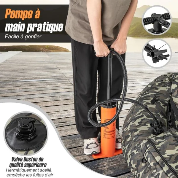 Bateau de Pêche Gonflable avec Dossier&Pagaie&Règle à Poisson Support de Canne Poches de Rangement Palmes Pompe Charge 150 KG Camouflage