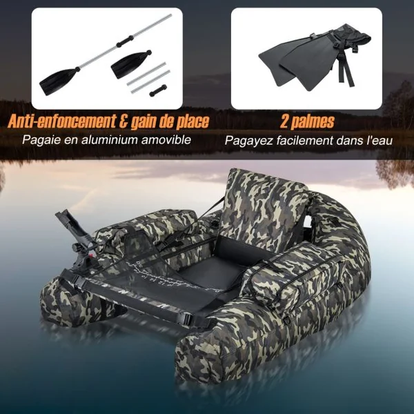 Bateau de Pêche Gonflable avec Dossier&Pagaie&Règle à Poisson Support de Canne Poches de Rangement Palmes Pompe Charge 150 KG Camouflage