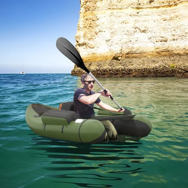 Bateau de Pêche Gonflable avec Sangles Ajustables Palmes et Pagaies en Aluminium avec Poches de Rangement Charge de 160 KG