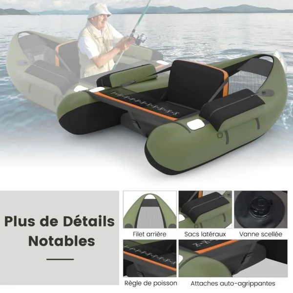 Bateau de Pêche Gonflable avec Sangles Ajustables Palmes et Pagaies en Aluminium avec Poches de Rangement Charge de 160 KG
