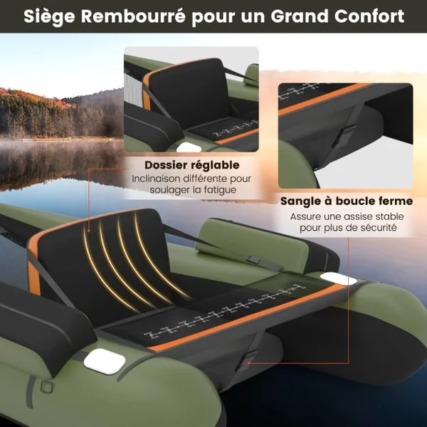 Bateau de Pêche Gonflable avec Sangles Ajustables Palmes et Pagaies en Aluminium avec Poches de Rangement Charge de 160 KG