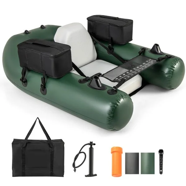 Bateau Gonflable pour la Pêche à la Ligne Règle à Poisson 2 Poches de Rangement Pompe Sac de Transport Boucles de Moteur Camouflage