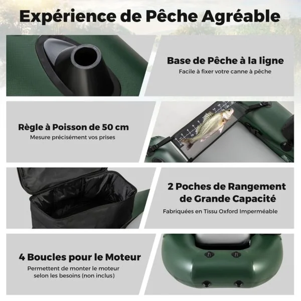 Bateau Gonflable pour la Pêche à la Ligne Règle à Poisson 2 Poches de Rangement Pompe Sac de Transport Boucles de Moteur Camouflage