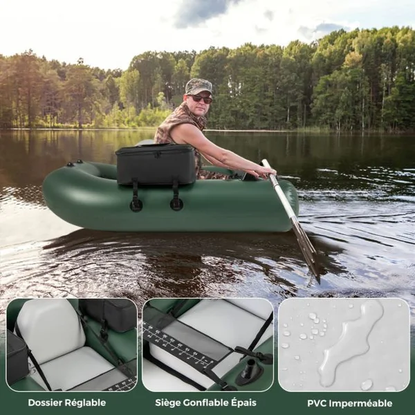 Bateau Gonflable pour la Pêche à la Ligne Règle à Poisson 2 Poches de Rangement Pompe Sac de Transport Boucles de Moteur Camouflage