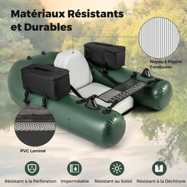 Bateau Gonflable pour la Pêche à la Ligne Règle à Poisson 2 Poches de Rangement Pompe Sac de Transport Boucles de Moteur Camouflage