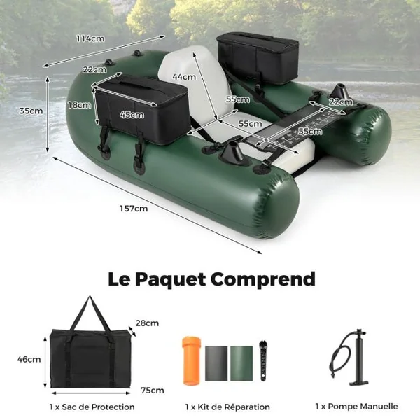 Bateau Gonflable pour la Pêche à la Ligne Règle à Poisson 2 Poches de Rangement Pompe Sac de Transport Boucles de Moteur Camouflage