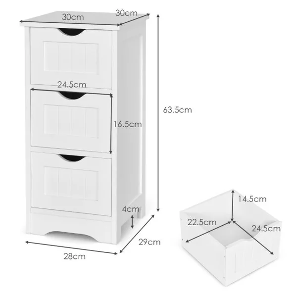 Bathroom Floor Cabinet Organisateur de rangement autoportant avec 3 tiroirs Blanc