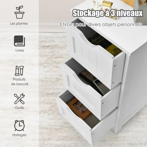 Bathroom Floor Cabinet Organisateur de rangement autoportant avec 3 tiroirs Blanc