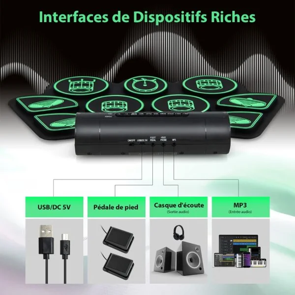 Batterie Electronique Portable 9 Pads Fonction MIDI 2 Haut-parleurs Stéréo 2 Pédales 2 Baguettes 7 Tythmes et 4 Morceaux