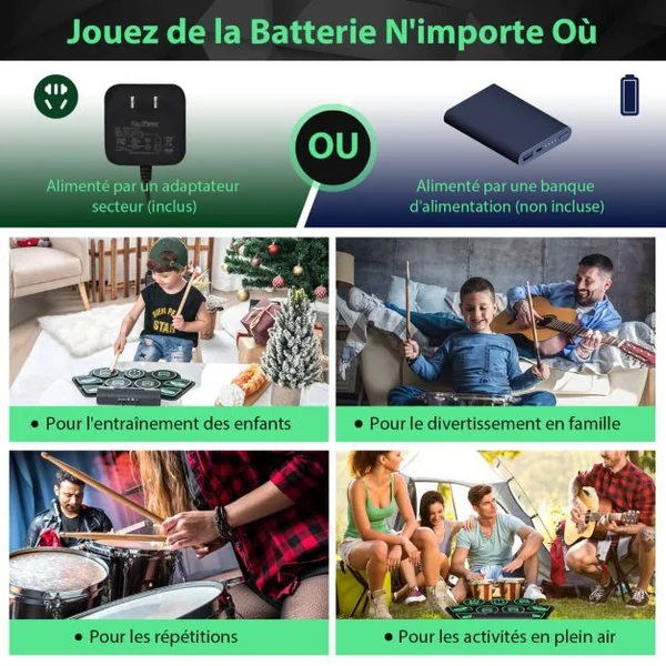 Batterie Electronique Portable 9 Pads Fonction MIDI 2 Haut-parleurs Stéréo 2 Pédales 2 Baguettes 7 Tythmes et 4 Morceaux