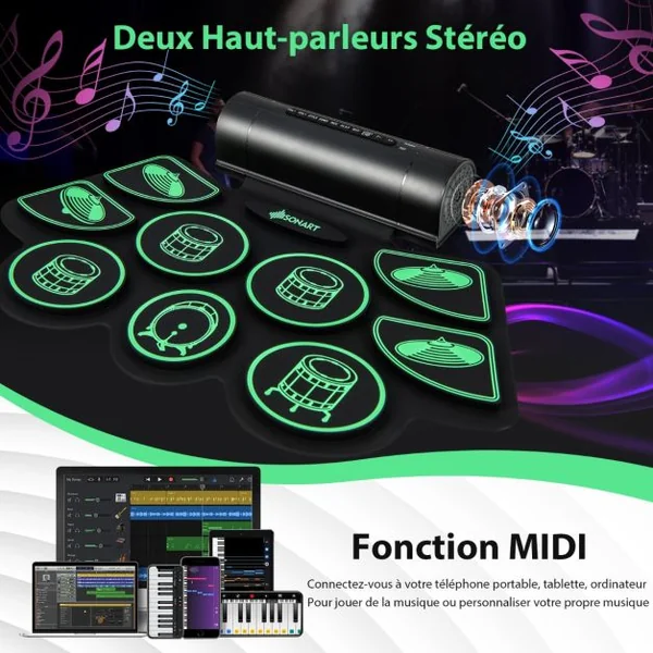 Batterie Electronique Portable 9 Pads Fonction MIDI 2 Haut-parleurs Stéréo 2 Pédales 2 Baguettes 7 Tythmes et 4 Morceaux