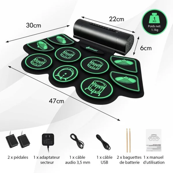 Batterie Electronique Portable 9 Pads Fonction MIDI 2 Haut-parleurs Stéréo 2 Pédales 2 Baguettes 7 Tythmes et 4 Morceaux