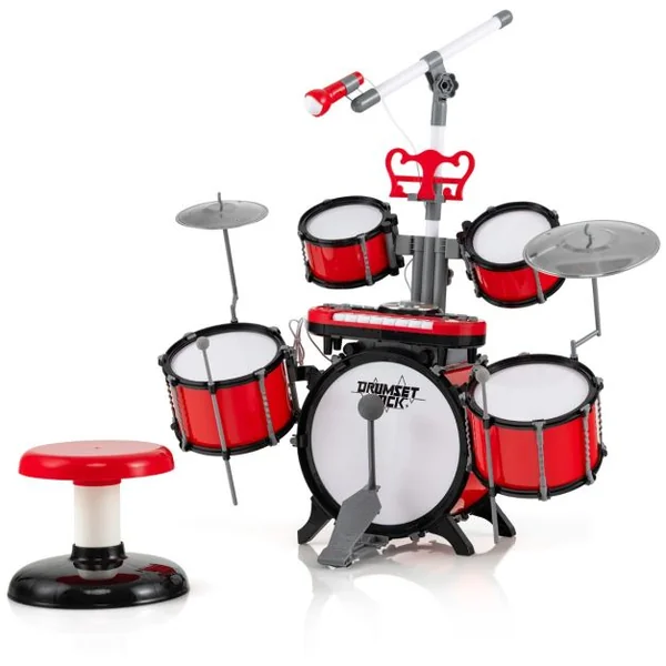 Batterie Enfant avec Clavier Tabouret Pupitre Microphone 2 Baguettes 2 Tonalités Port MP3 Kit DJ pour 3 Ans+