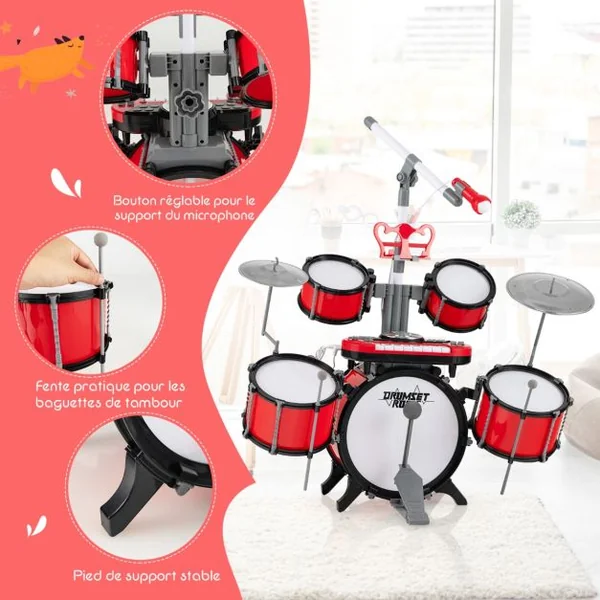 Batterie Enfant avec Clavier Tabouret Pupitre Microphone 2 Baguettes 2 Tonalités Port MP3 Kit DJ pour 3 Ans+