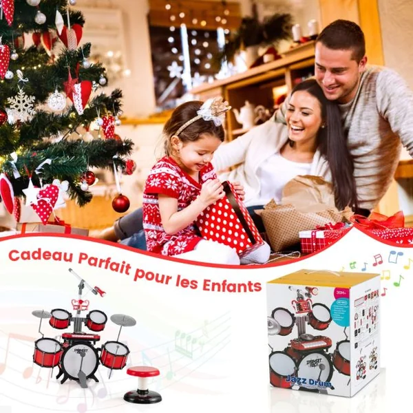 Batterie Enfant avec Clavier Tabouret Pupitre Microphone 2 Baguettes 2 Tonalités Port MP3 Kit DJ pour 3 Ans+