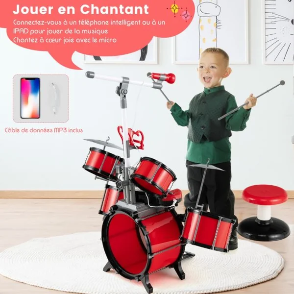 Batterie Enfant avec Clavier Tabouret Pupitre Microphone 2 Baguettes 2 Tonalités Port MP3 Kit DJ pour 3 Ans+