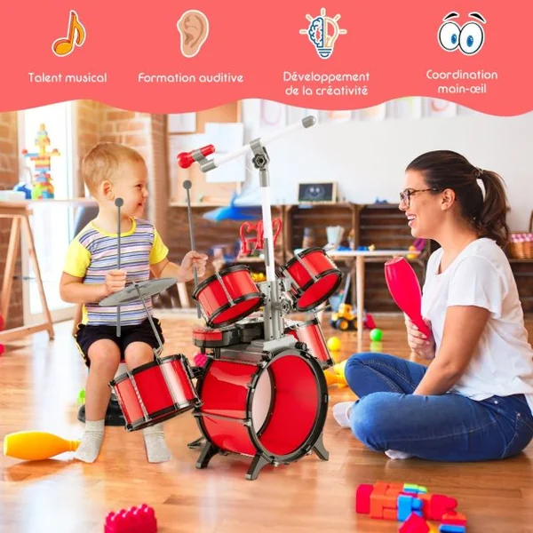 Batterie Enfant avec Clavier Tabouret Pupitre Microphone 2 Baguettes 2 Tonalités Port MP3 Kit DJ pour 3 Ans+
