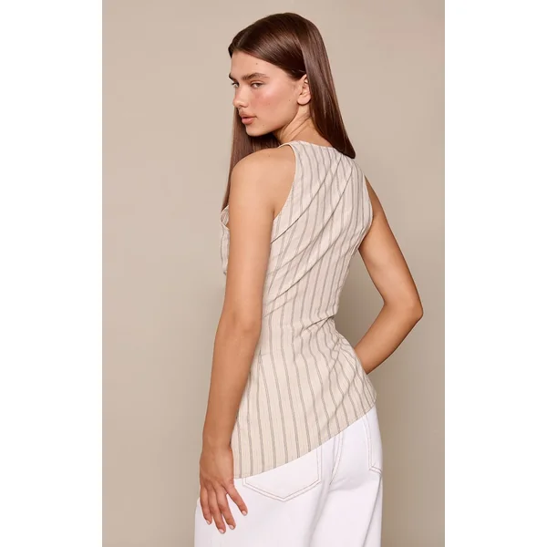 Beige Chemise Sans Manches À Rayures Avec Détail Nœud Noué