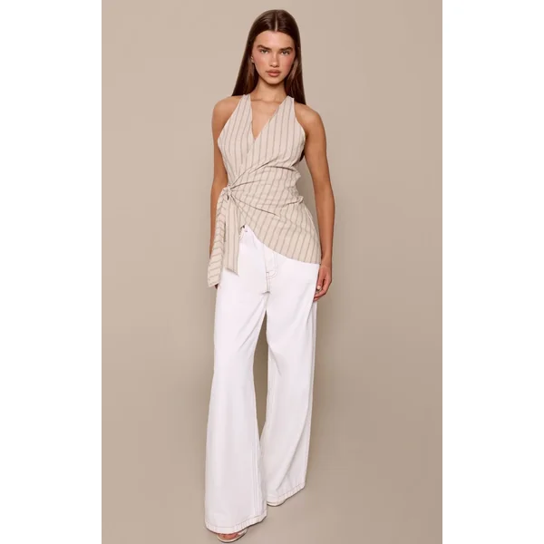 Beige Chemise Sans Manches À Rayures Avec Détail Nœud Noué
