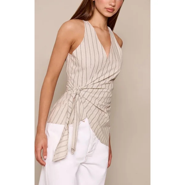 Beige Chemise Sans Manches À Rayures Avec Détail Nœud Noué