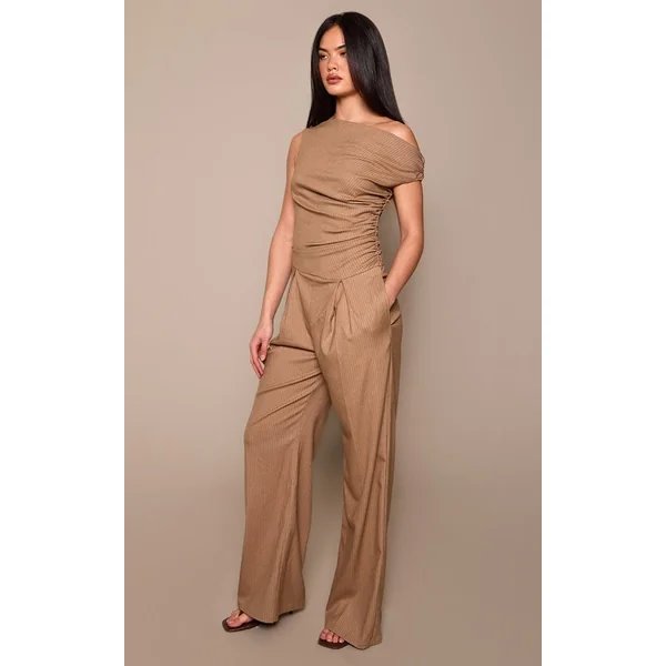 Beige Combinaison-pantalon Large Asymétrique À Fines Rayures Tissées