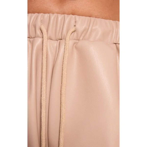 Beige Pantalon Large Taille Élastiquée En Synthétiquecuir Petite Taille Ensemble Coordonné