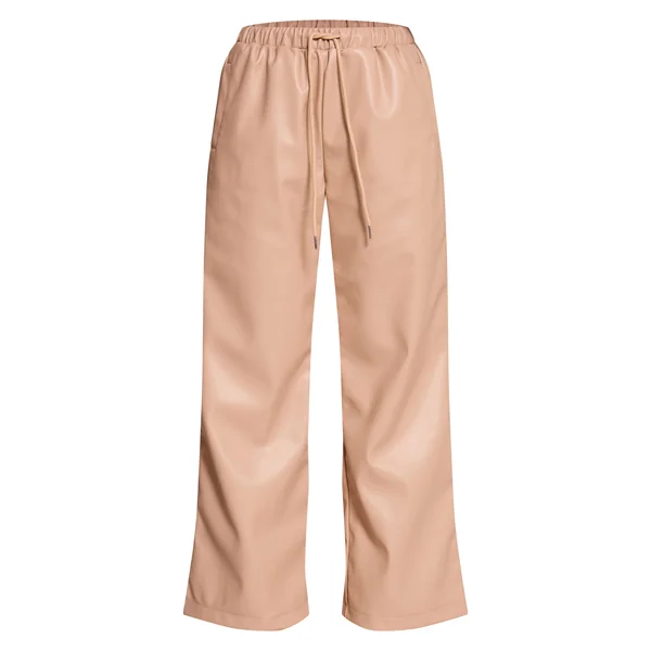 Beige Pantalon Large Taille Élastiquée En Synthétiquecuir Petite Taille Ensemble Coordonné