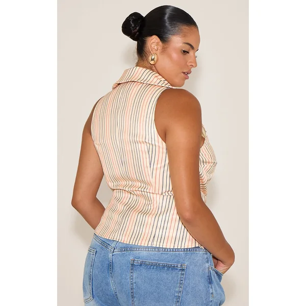 Beige Top Grande Taille Sans Manches À Rayures Plongeant Froncé