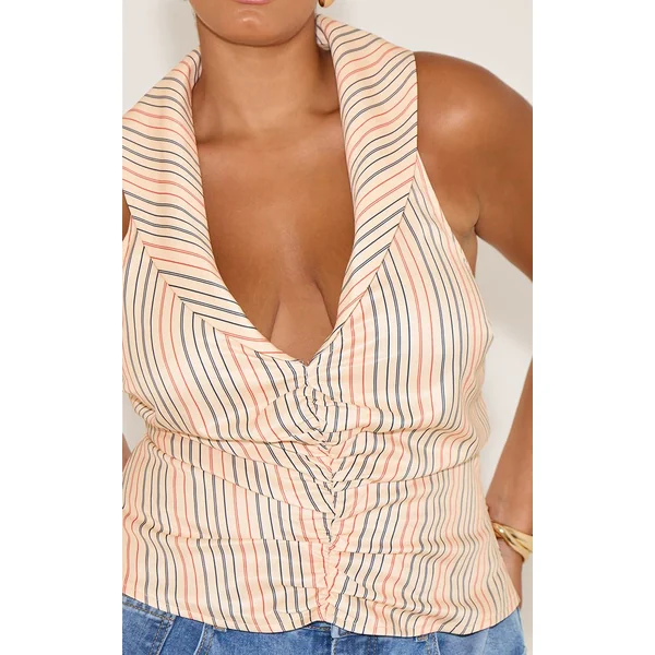 Beige Top Grande Taille Sans Manches À Rayures Plongeant Froncé