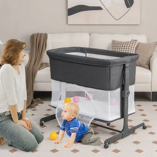 Berceau Bébé Pliable 3-en-1 avec Matelas Blocs de Construction 2 Sangles 5 Hauteurs Réglables Chaque Côté Séparément 4 Roues et Sac 0-6 Mois