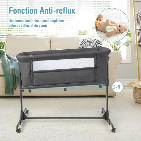 Berceau Bébé Pliable 3-en-1 avec Matelas Blocs de Construction 2 Sangles 5 Hauteurs Réglables Chaque Côté Séparément 4 Roues et Sac 0-6 Mois