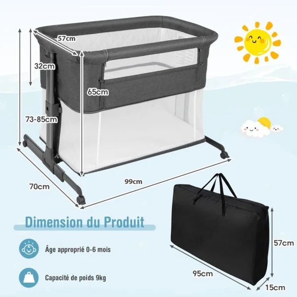 Berceau Bébé Pliable 3-en-1 avec Matelas Blocs de Construction 2 Sangles 5 Hauteurs Réglables Chaque Côté Séparément 4 Roues et Sac 0-6 Mois