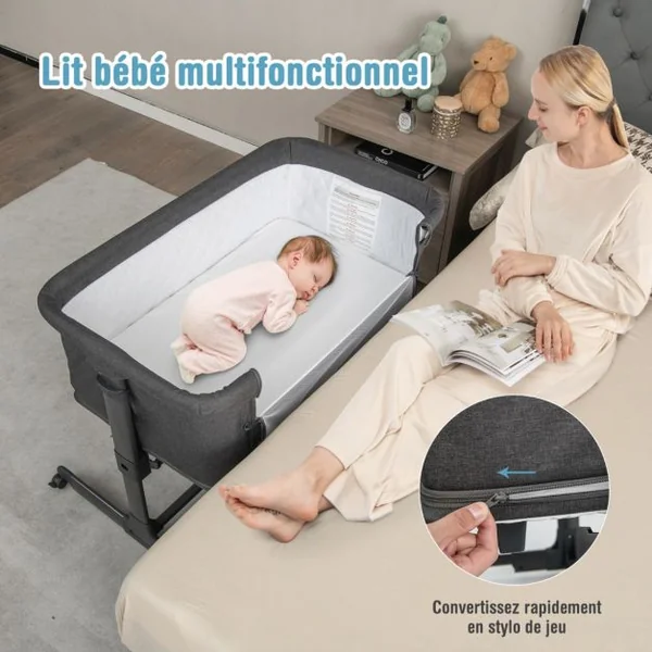 Berceau Bébé Pliable 3-en-1 avec Matelas Blocs de Construction 2 Sangles 5 Hauteurs Réglables Chaque Côté Séparément 4 Roues et Sac 0-6 Mois