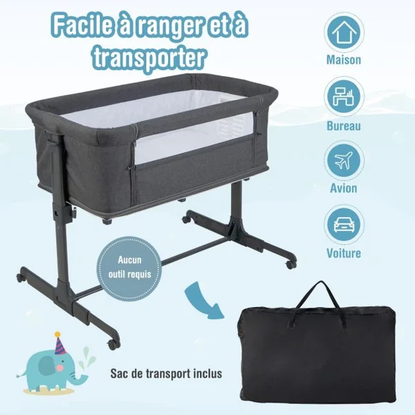 Berceau Bébé Pliable 3-en-1 avec Matelas Blocs de Construction 2 Sangles 5 Hauteurs Réglables Chaque Côté Séparément 4 Roues et Sac 0-6 Mois