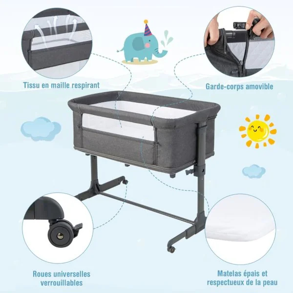 Berceau Bébé Pliable 3-en-1 avec Matelas Blocs de Construction 2 Sangles 5 Hauteurs Réglables Chaque Côté Séparément 4 Roues et Sac 0-6 Mois