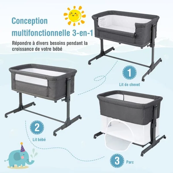 Berceau Bébé Pliable 3-en-1 avec Matelas Blocs de Construction 2 Sangles 5 Hauteurs Réglables Chaque Côté Séparément 4 Roues et Sac 0-6 Mois