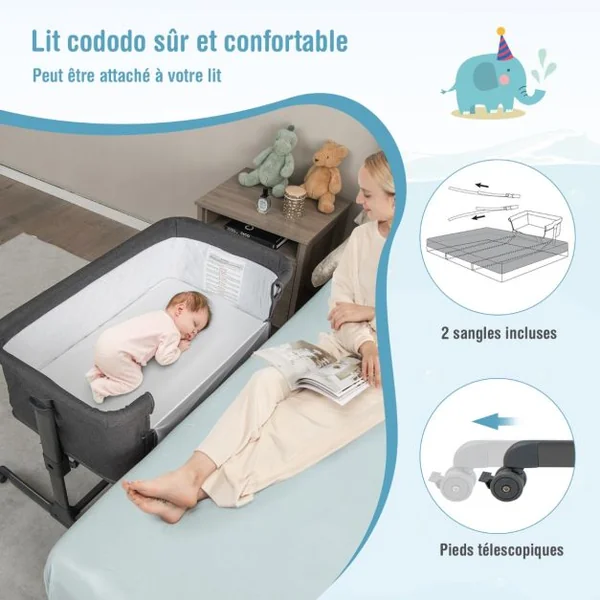 Berceau Bébé Pliable 3-en-1 avec Matelas Blocs de Construction 2 Sangles 5 Hauteurs Réglables Chaque Côté Séparément 4 Roues et Sac 0-6 Mois