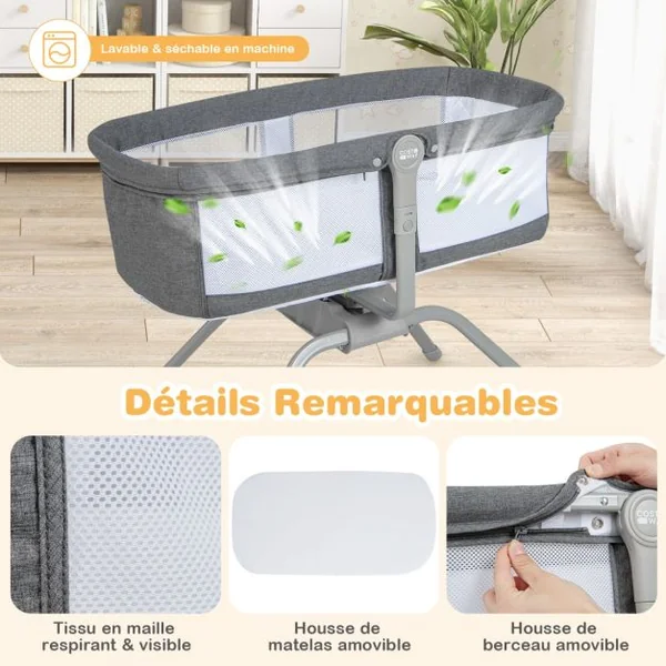 Berceau Bébé Pliable avec Matelas Moelleux de 2,5 cm Lit de Voyage avec Inclinaison Réglable Sac de Transport Charge 9 KG 0-6 Mois