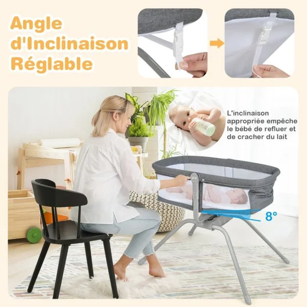 Berceau Bébé Pliable avec Matelas Moelleux de 2,5 cm Lit de Voyage avec Inclinaison Réglable Sac de Transport Charge 9 KG 0-6 Mois