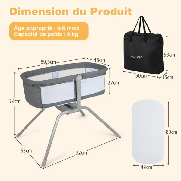 Berceau Bébé Pliable avec Matelas Moelleux de 2,5 cm Lit de Voyage avec Inclinaison Réglable Sac de Transport Charge 9 KG 0-6 Mois
