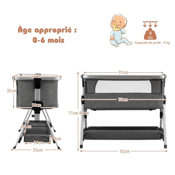Berceau Cododo Bébé avec Matelas 7 Hauteurs Réglables Espace de Rangement Fenêtre en Maille Respirante 0-36 Mois Gris Clair