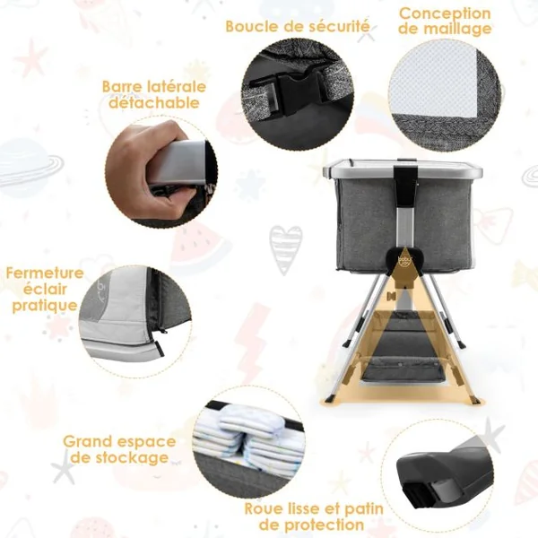 Berceau Cododo Bébé avec Matelas 7 Hauteurs Réglables Espace de Rangement Fenêtre en Maille Respirante 0-36 Mois Gris Clair