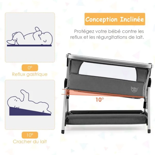 Berceau Cododo Bébé avec Matelas 7 Hauteurs Réglables Espace de Rangement Fenêtre en Maille Respirante 0-36 Mois Gris Clair