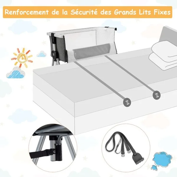 Berceau Cododo Bébé avec Matelas 7 Hauteurs Réglables Espace de Rangement Fenêtre en Maille Respirante 0-36 Mois Gris Clair