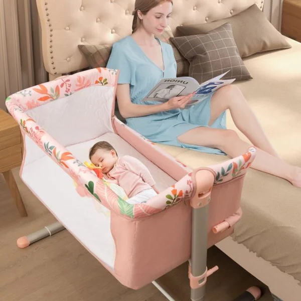 Berceau Pliable pour Bébé Cododo Portable pour Nourrisson avec 4 Hauteurs Réglables Pieds Rétractables Lit de Chevet pour Bébé Rose