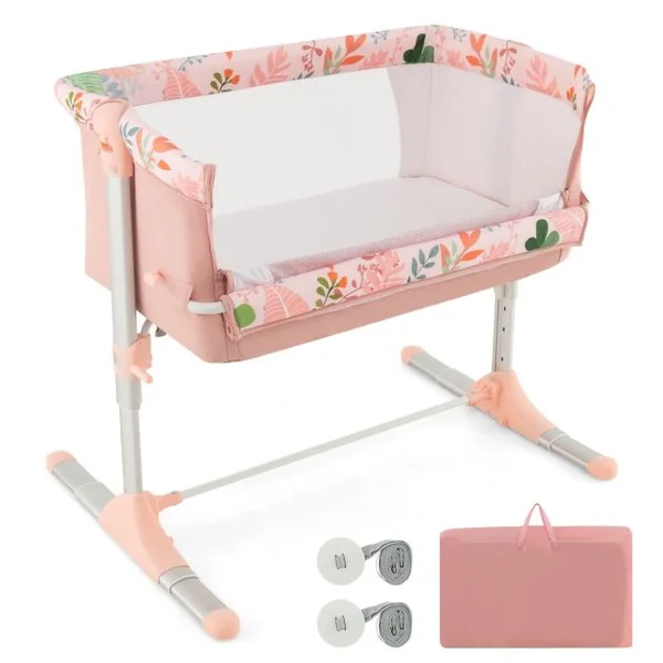 Berceau Pliable pour Bébé Cododo Portable pour Nourrisson avec 4 Hauteurs Réglables Pieds Rétractables Lit de Chevet pour Bébé Rose
